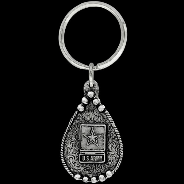 Army Keychain , Commemorate your service with our Army Keychain. This item includes a beautiful rope border, a Army figure, and a key ring attachment. Each silver key chai